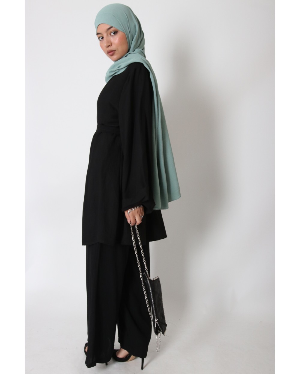 Linen-effect kimono lapel and pants set