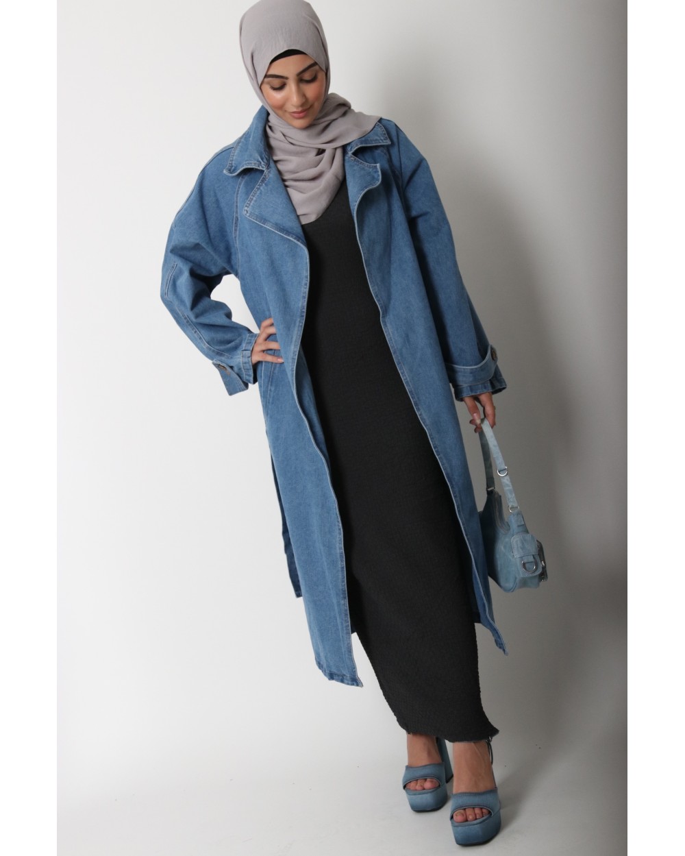 Long denim trench coat
