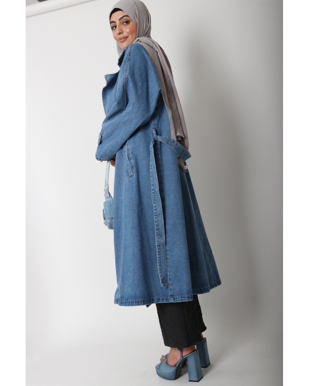 Long denim trench coat