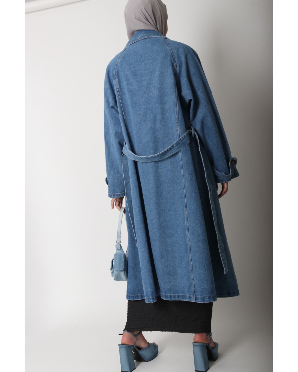 Long denim trench coat