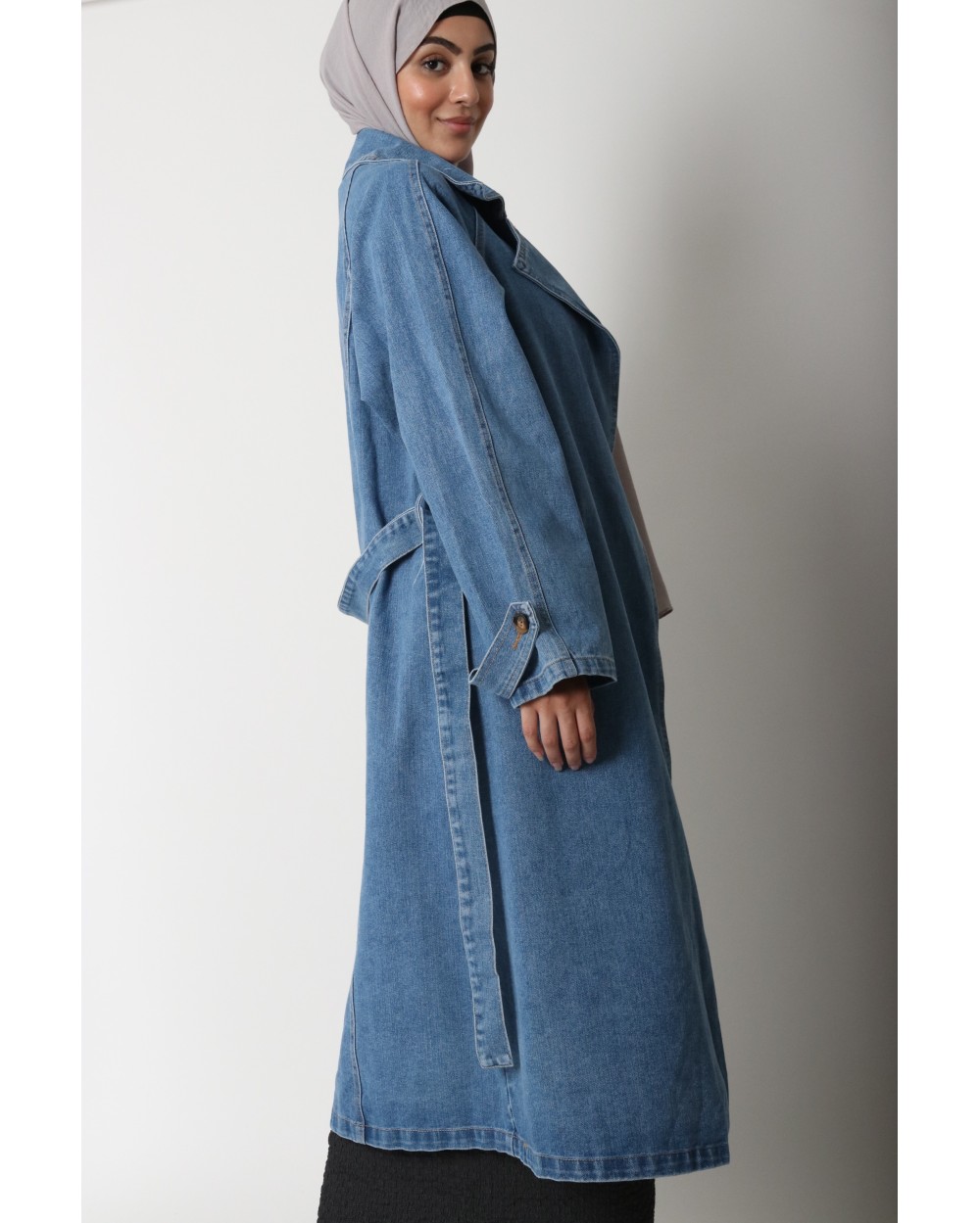 Long denim trench coat