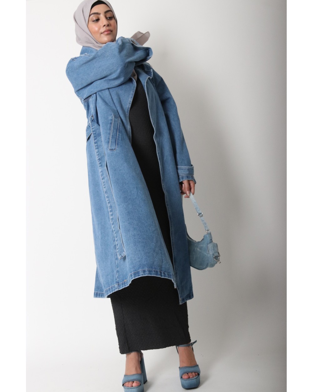 Long denim trench coat