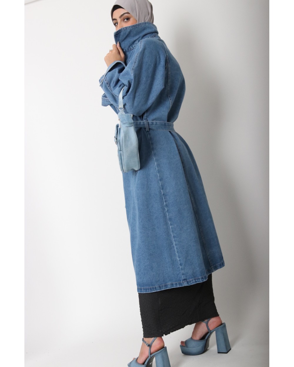 Long denim trench coat