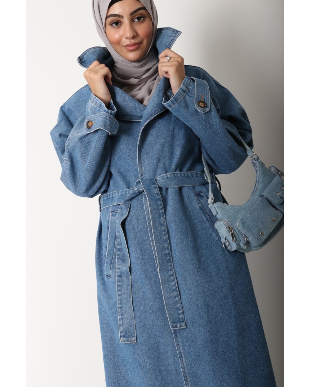 Long denim trench coat