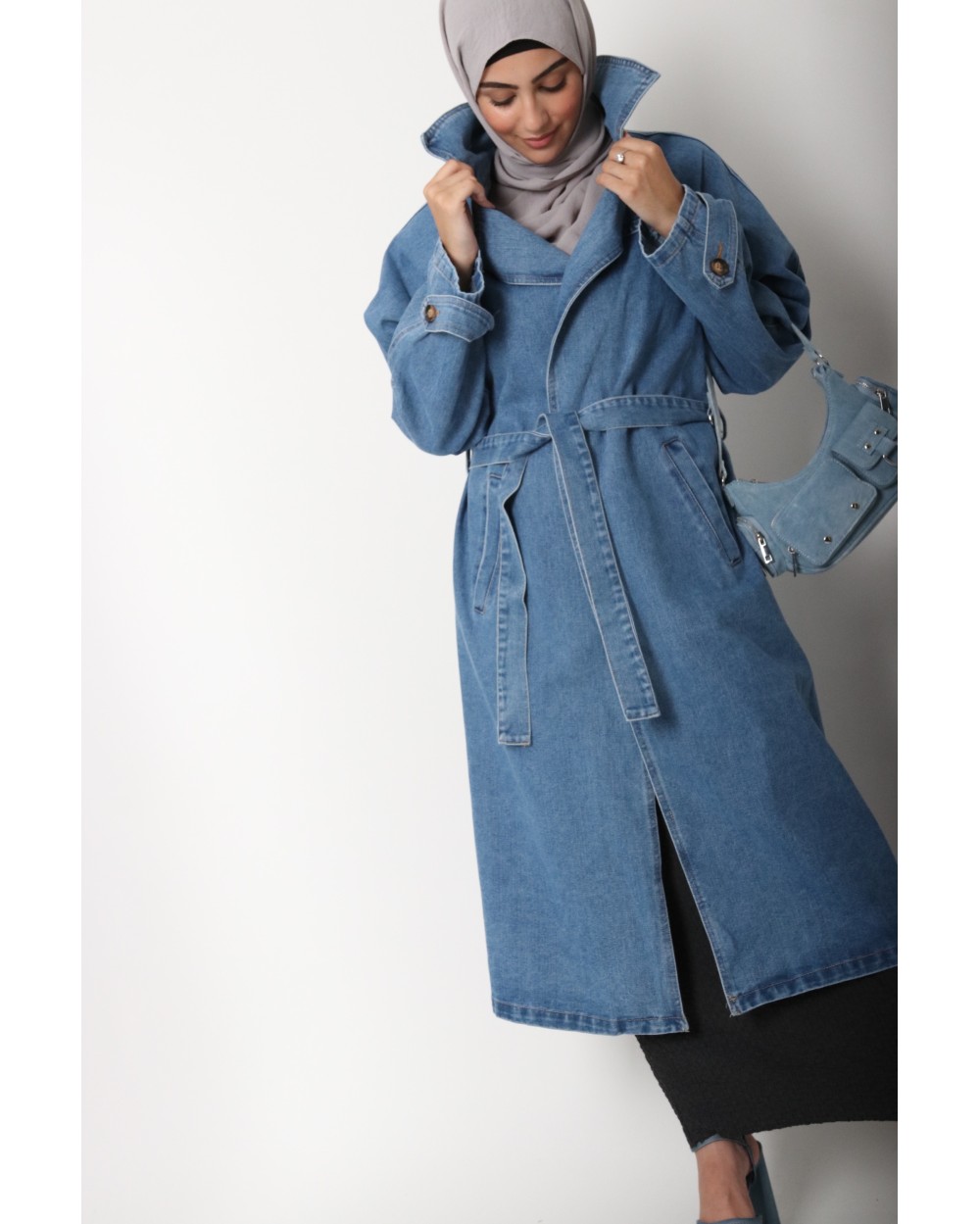 Long denim trench coat