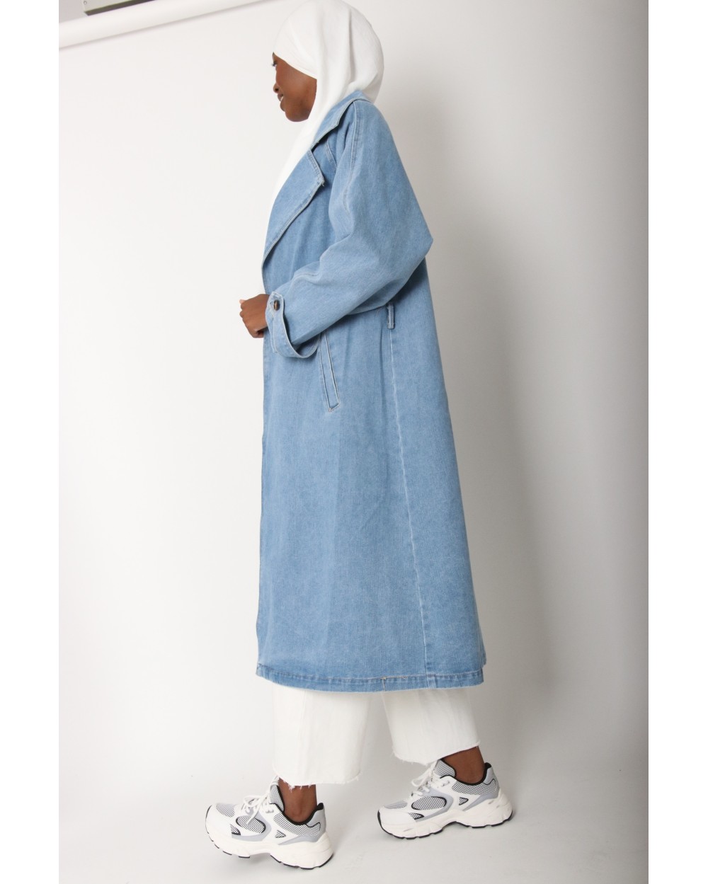 Long denim trench coat
