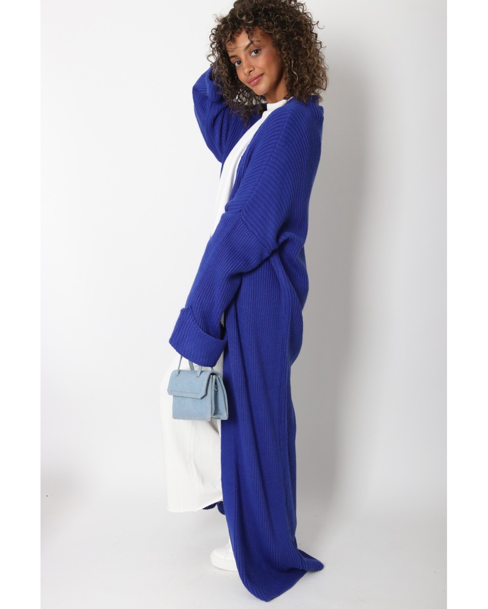 Gilet long maille manches revers