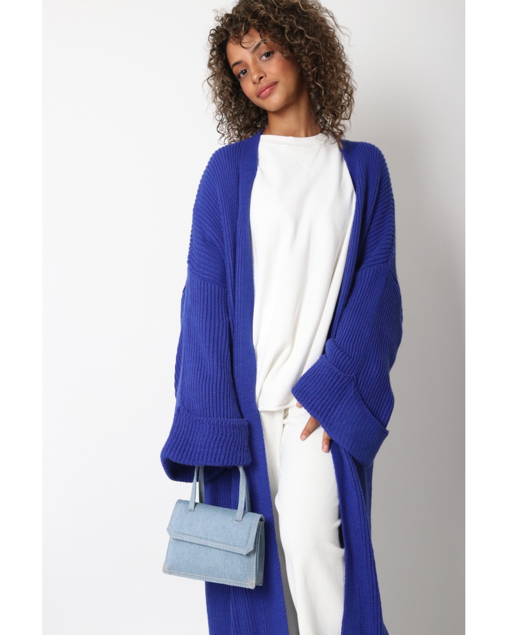 Long knit cardigan with cuffed sleeves