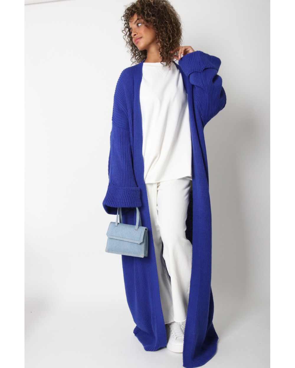 Long knit cardigan with cuffed sleeves