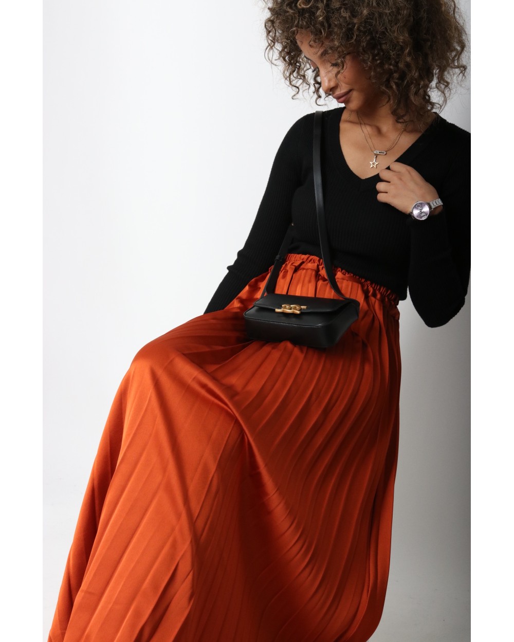Long satin pleated skirt