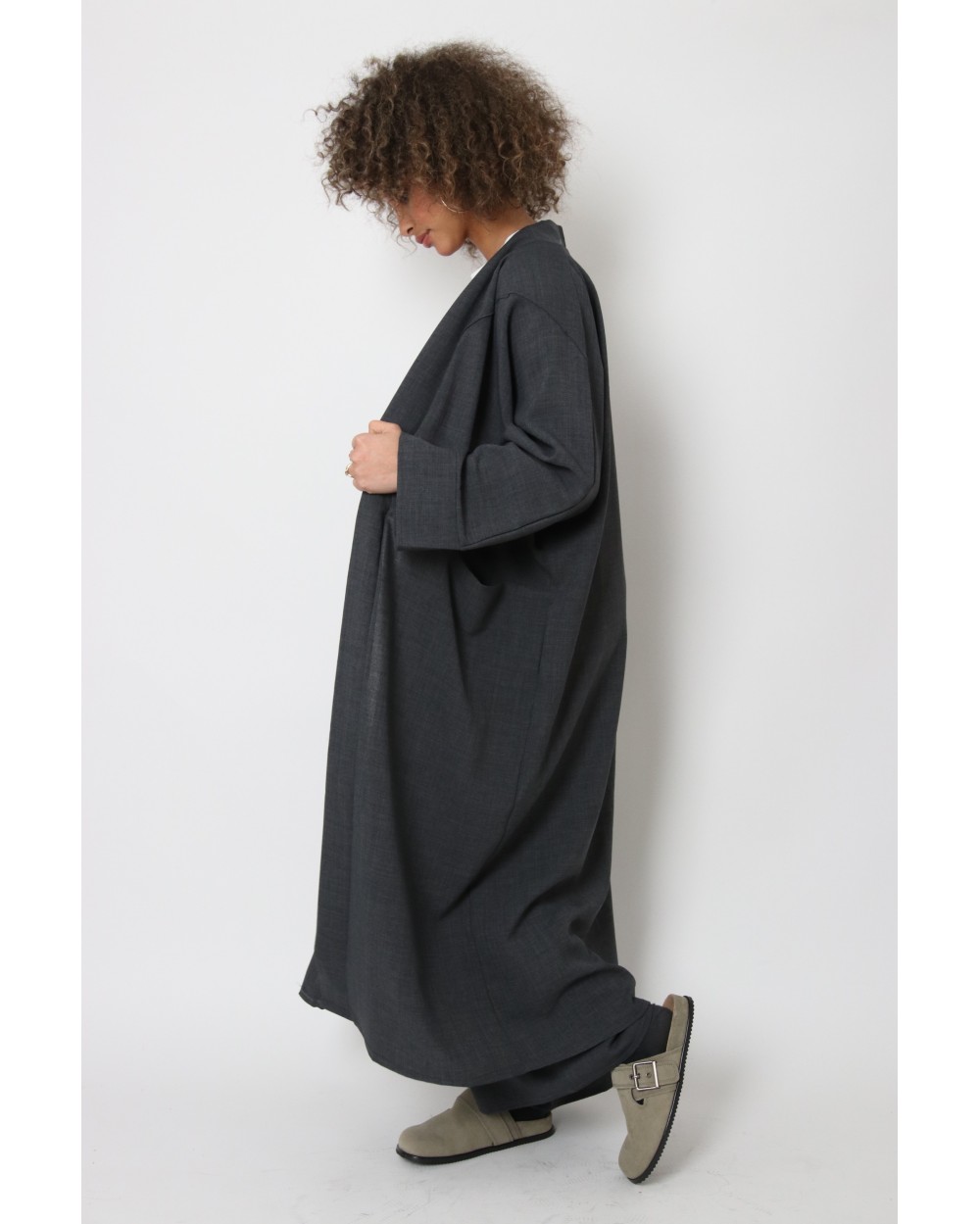 Long linen effect topstitched kimono