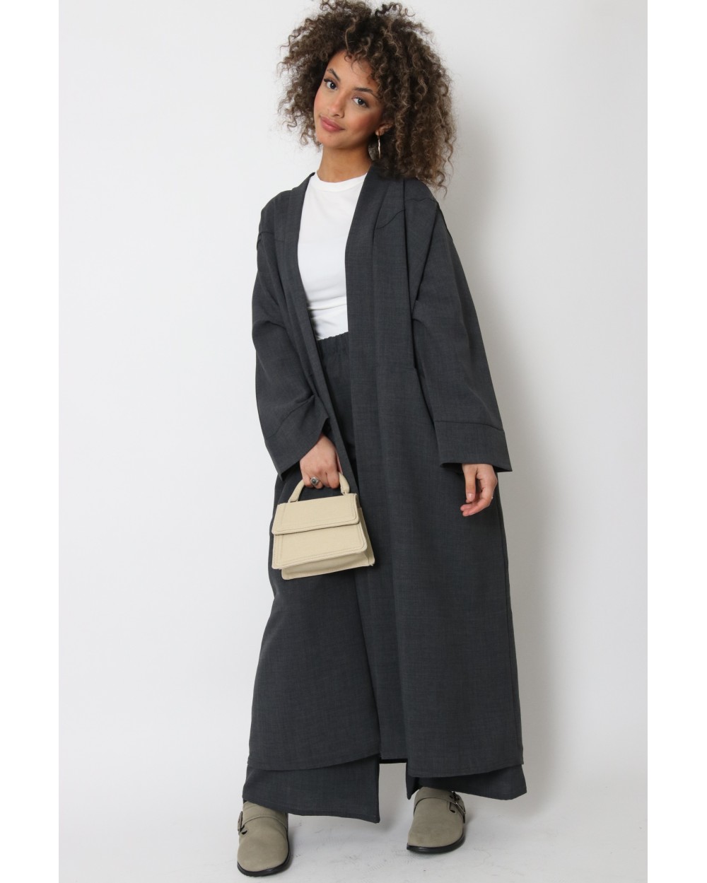 Long linen effect topstitched kimono