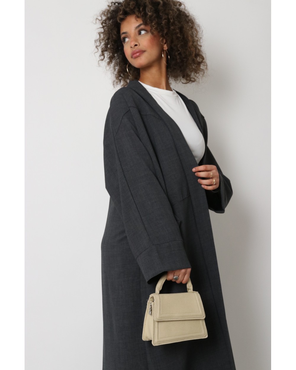 Long linen effect topstitched kimono