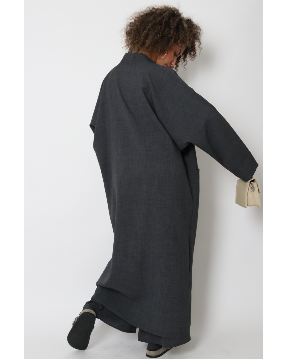 Long linen effect topstitched kimono