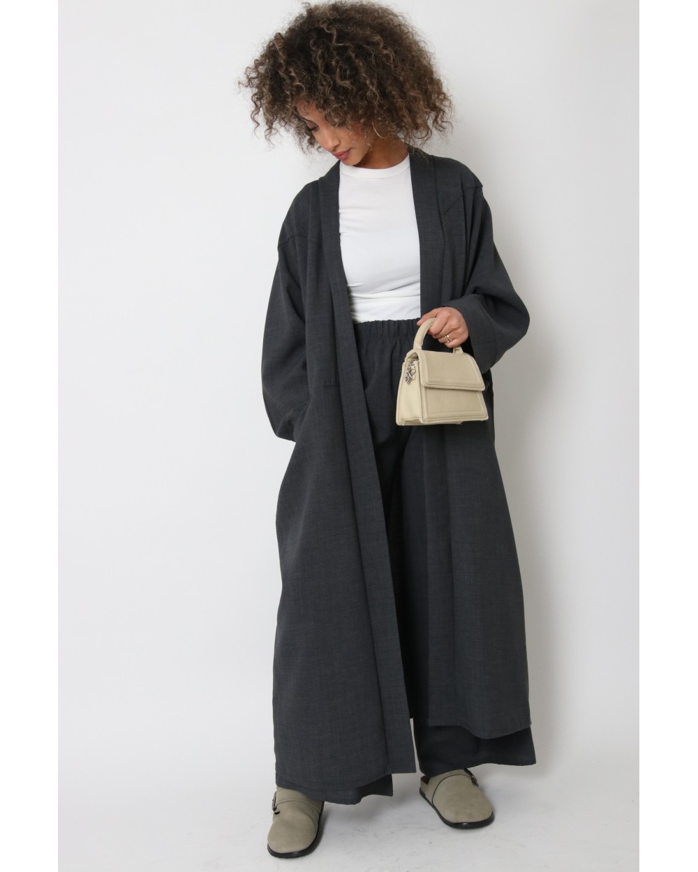 Long linen effect topstitched kimono