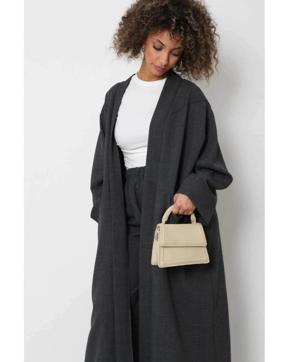 Long linen effect topstitched kimono