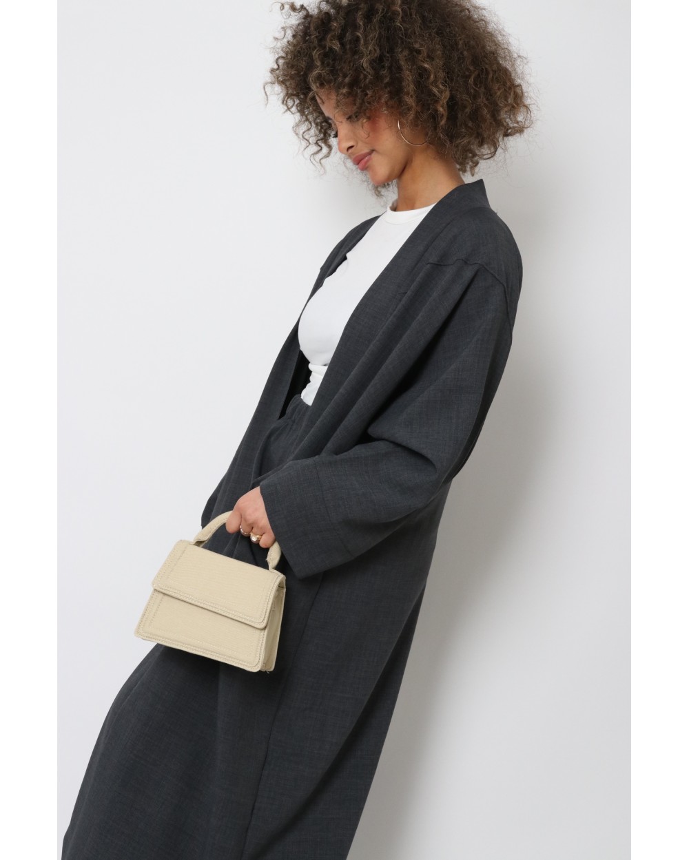Long linen effect topstitched kimono
