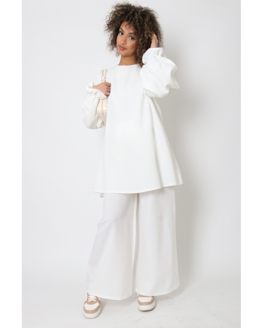 Puff sleeve and linen effect pants set