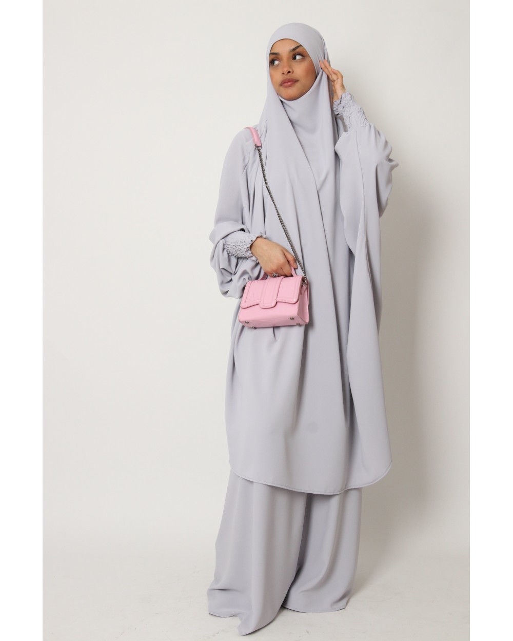 Jilbab 2 Pièces Pour Enfant (sarouel + Cape Khimar) - Gris, Matière Synthétique, Manches élastiques