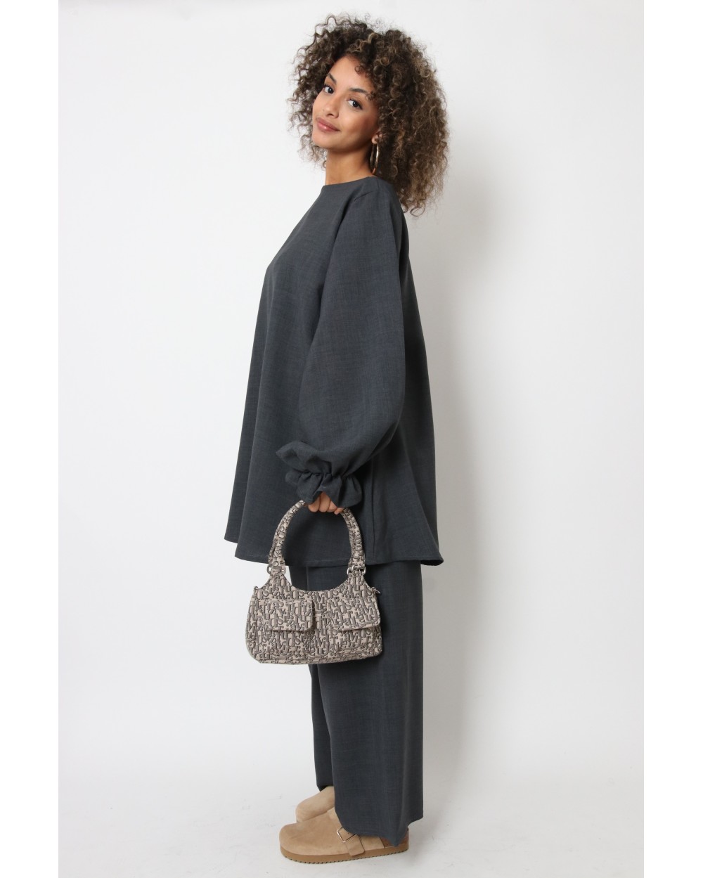 Puff sleeve and linen effect pants set