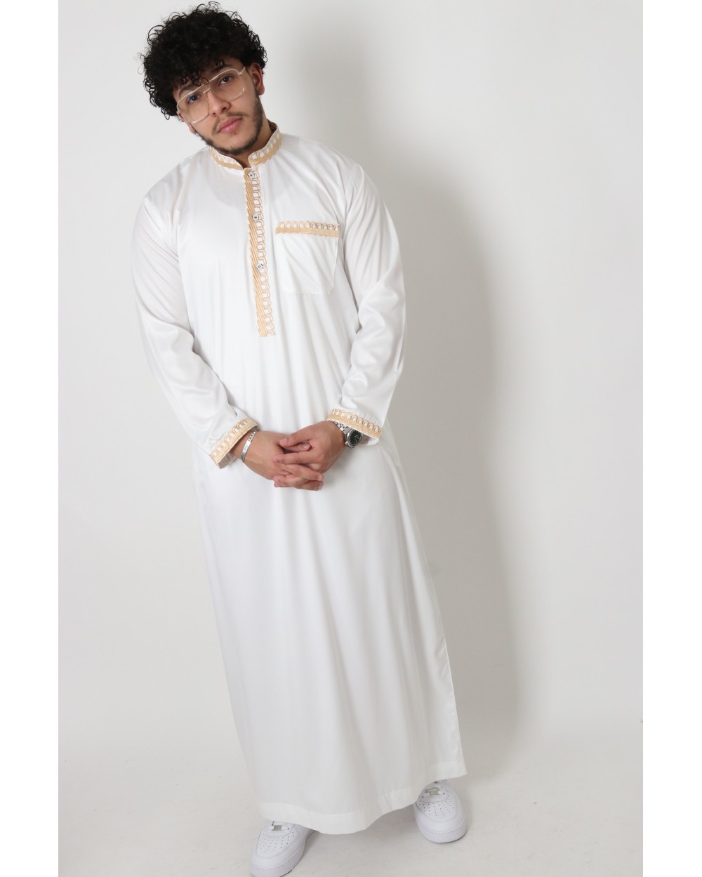 Qamis long blanc Dubai col brodé doré