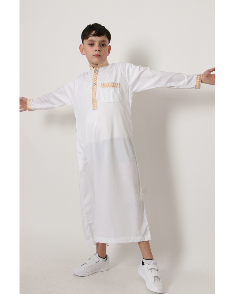 Qamis long blanc Dubai col brodé doré garcon