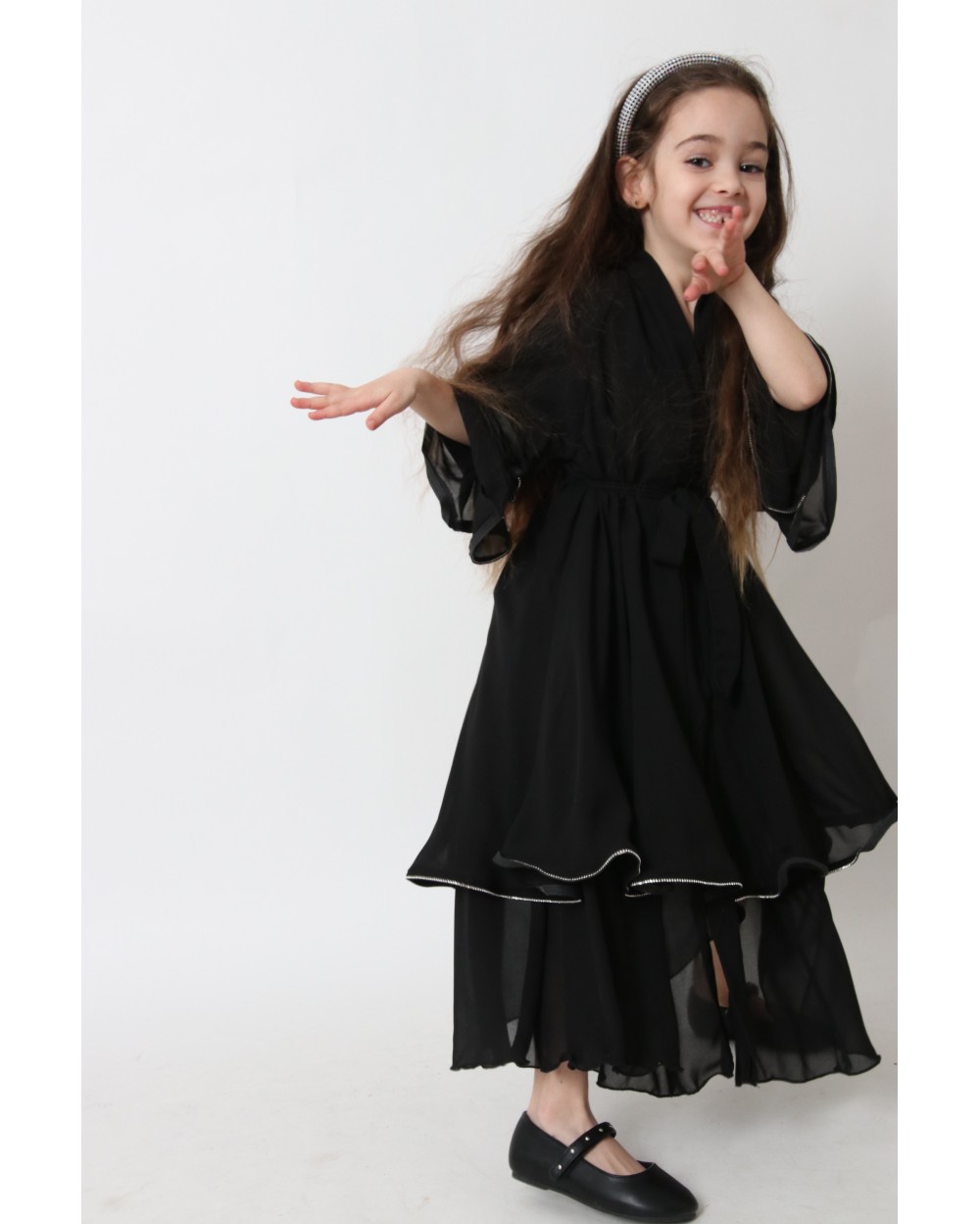 Abaya Kimono ruffles muslin with rhinestones for girls