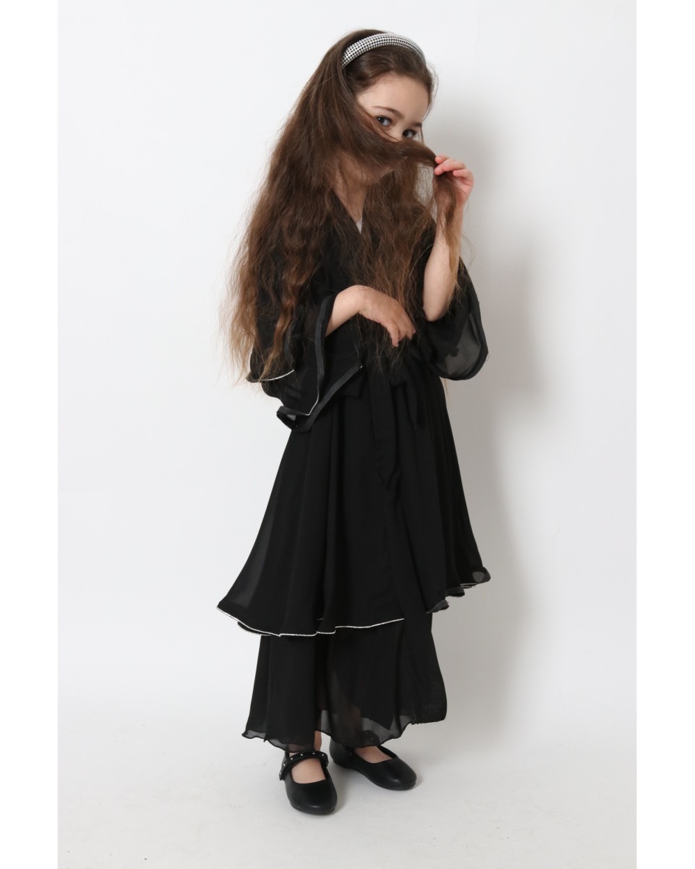 Abaya Kimono ruffles muslin with rhinestones for girls