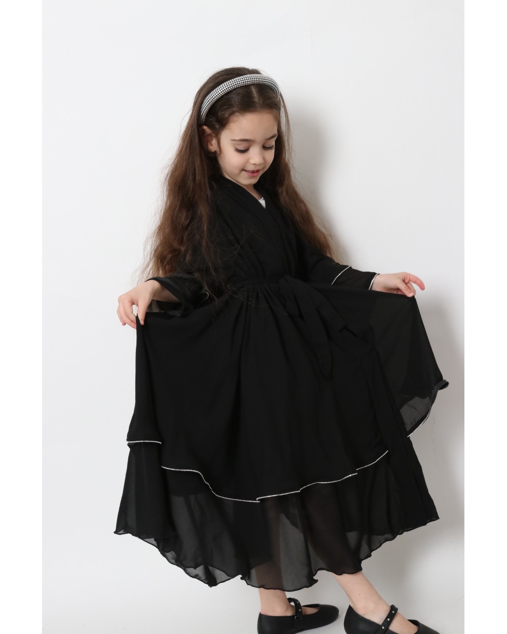 Abaya Kimono ruffles muslin with rhinestones for girls