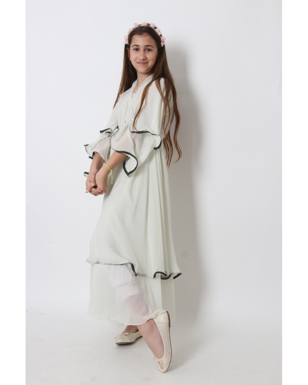 Abaya Kimono volants mousseline avec strass fille